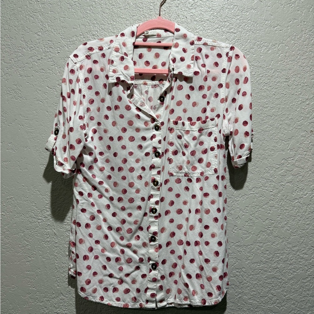 White and Magenta Polka Dot Button-Up Shirt